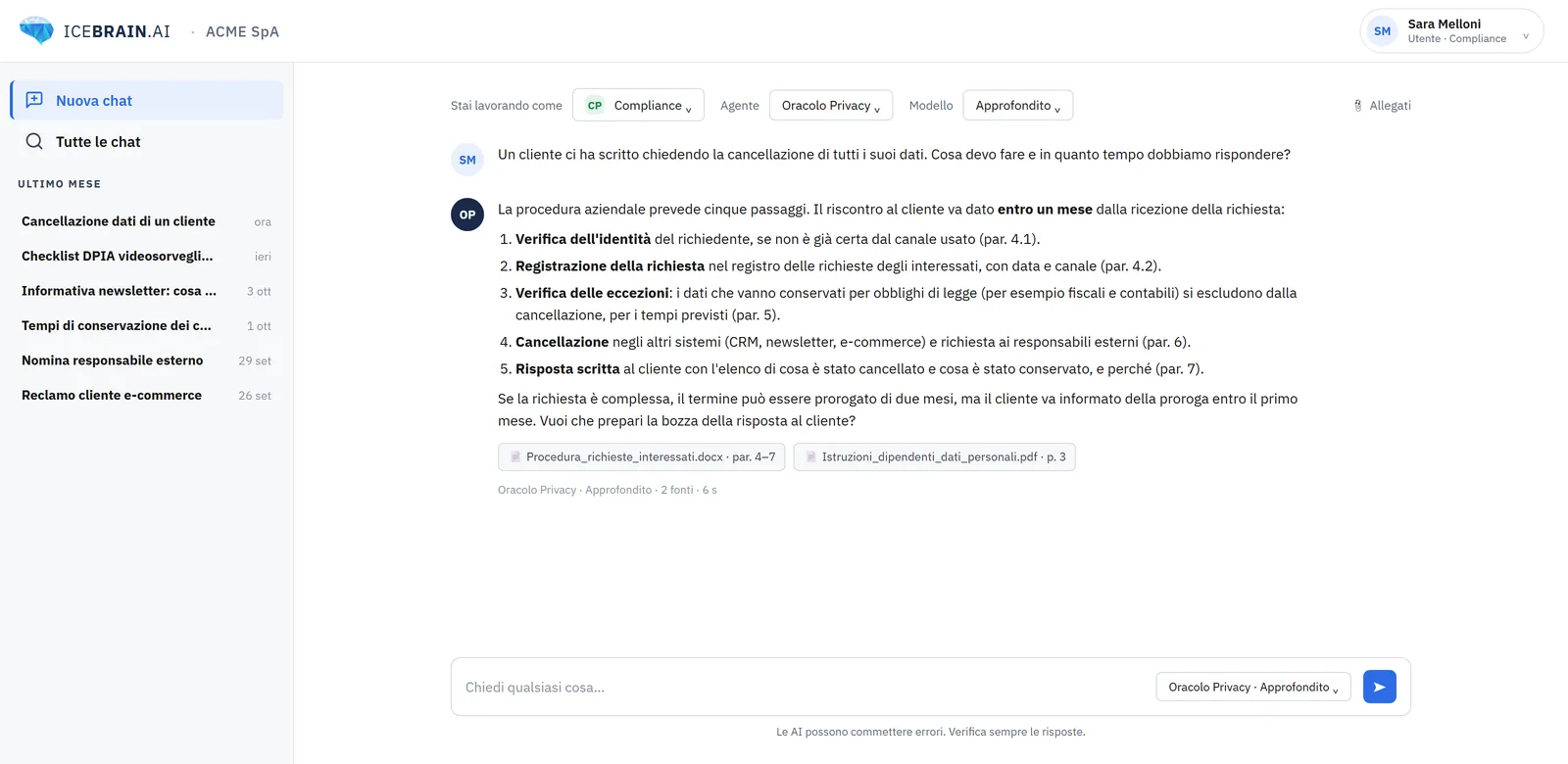 La chat di Icebrain vista da un dipendente: la mansione scelta, l'agente e il modello, la risposta con le fonti citate