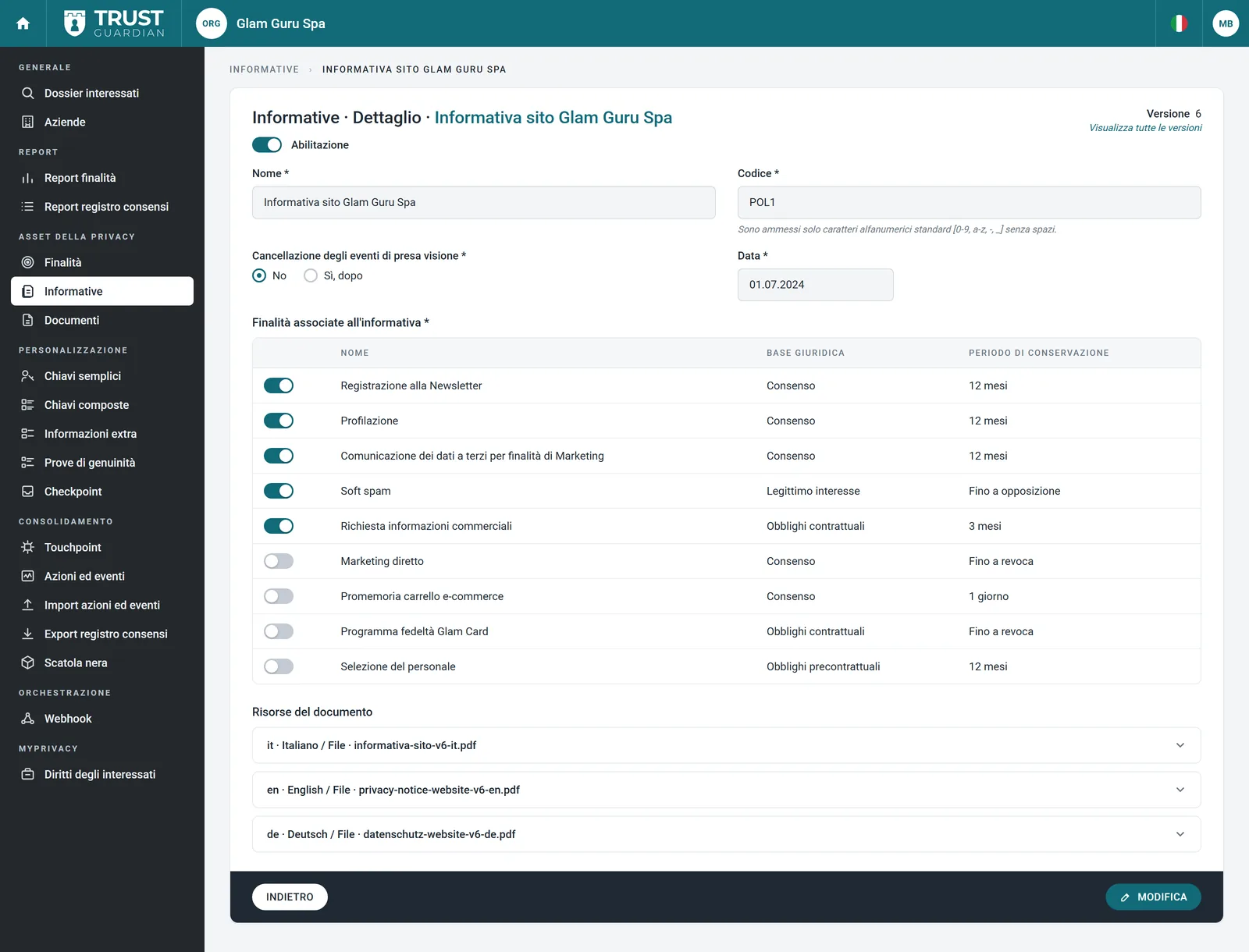 Il dettaglio di un'informativa in Trust Guardian: versione, data, finalità collegate con base giuridica e periodo di conservazione, file nelle tre lingue