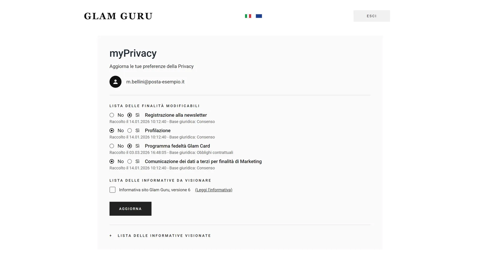 MyPrivacy visto dal cliente: le finalità che può cambiare con Sì e No, la data di raccolta e la base giuridica di ciascuna, le informative da visionare